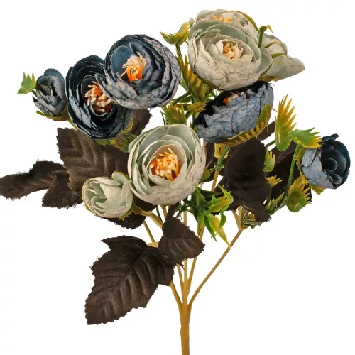 LD076-06 Peónia selyemvirág csokor, 10 fejes, 28cm magas - Kék